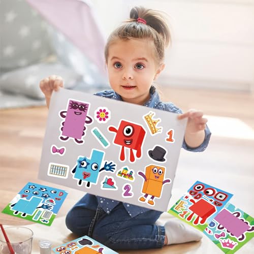 24 Number Blocks Make-a-Face Stickers – 8 Designs, Waterproof Vinyl, DIY Fun for Kids