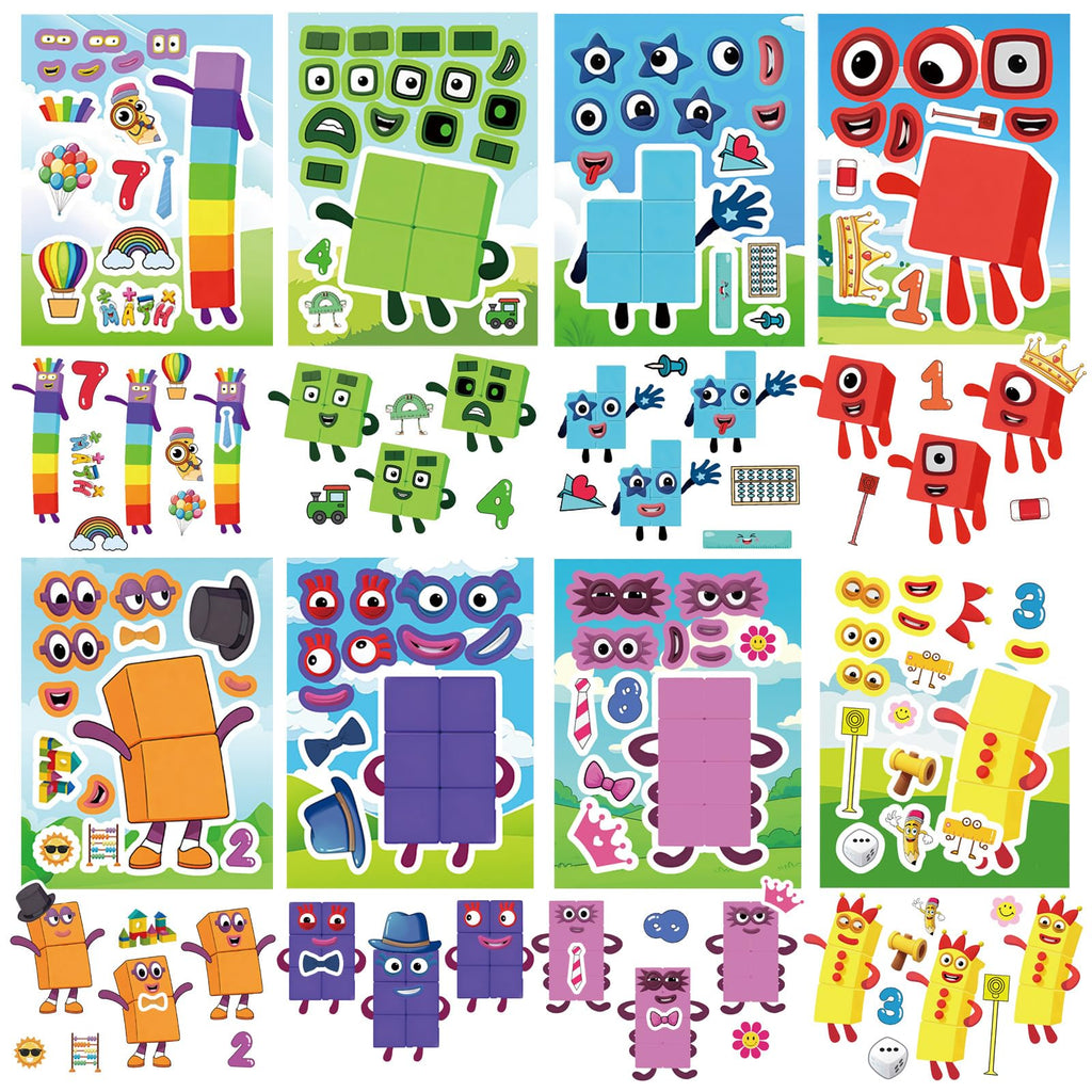 24 Number Blocks Make-a-Face Stickers – 8 Designs, Waterproof Vinyl, DIY Fun for Kids