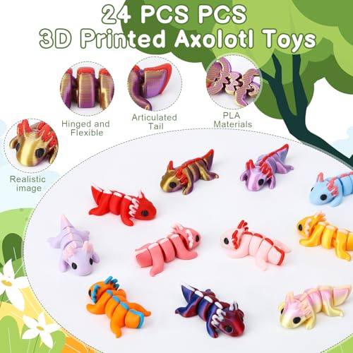 24-Pack 3D Printed Articulated Axolotl Figures – Flexible Fidget Toys for Stress Relief, Party Favors, and Desk Decor