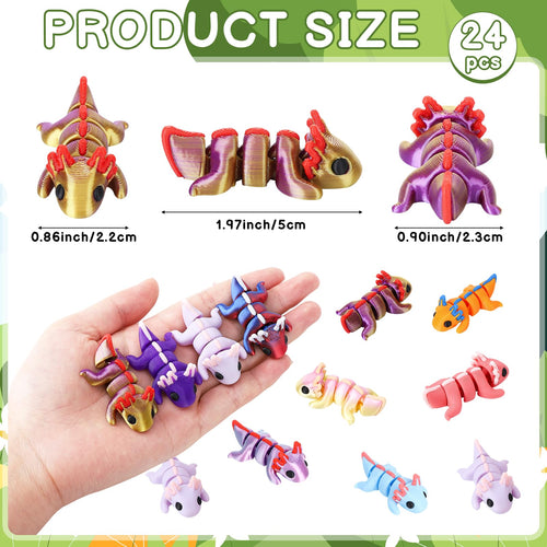 24-Pack 3D Printed Articulated Axolotl Figures – Flexible Fidget Toys for Stress Relief, Party Favors, and Desk Decor