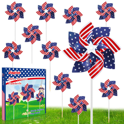 24-Pack 8.5-Inch Patriotic Pinwheels - Red White Blue American Flag Design for July 4th, Memorial Day, and Veterans Day