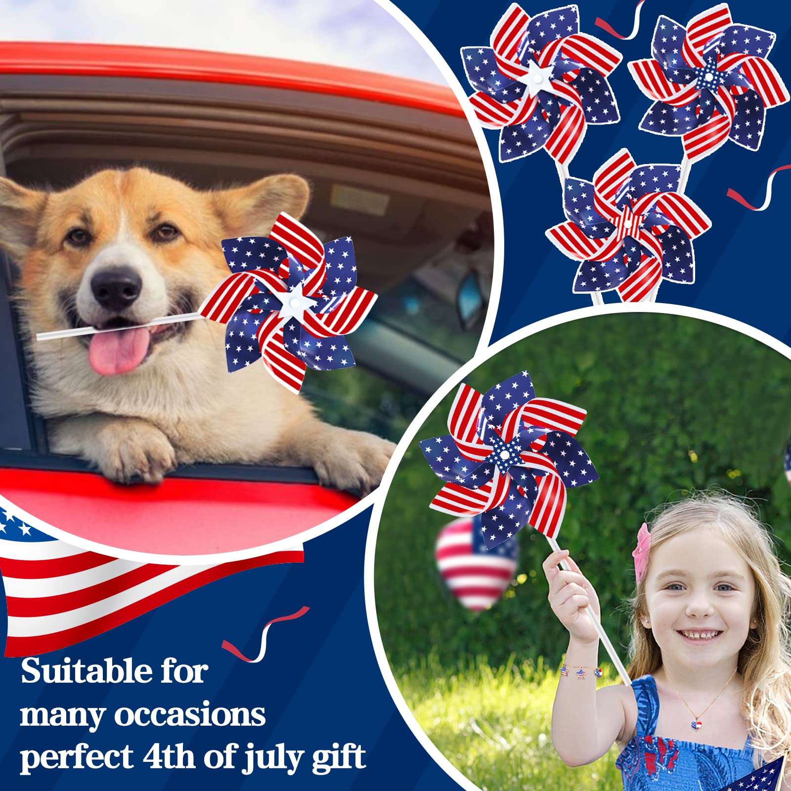 24-Pack 8.5-Inch Patriotic Pinwheels - Red White Blue American Flag Design for July 4th, Memorial Day, and Veterans Day