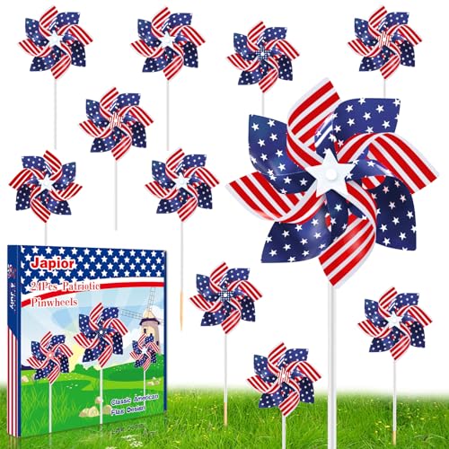24-Pack 8.5-Inch Patriotic Pinwheels - Red White Blue American Flag Design for July 4th, Memorial Day, and Veterans Day