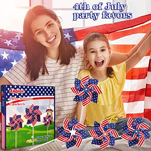 24-Pack 8.5-Inch Patriotic Pinwheels - Red White Blue American Flag Design for July 4th, Memorial Day, and Veterans Day