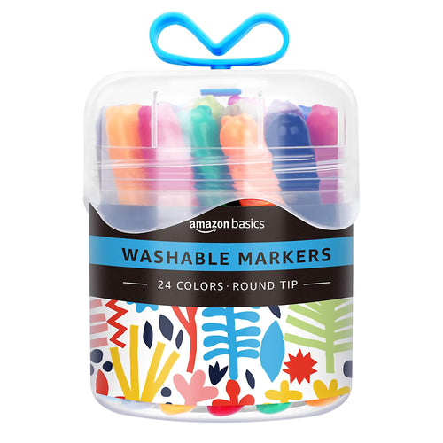 24-Pack Amazon Basics Washable Markers for Kids, Assorted Colors, Round Tip, Non-Toxic, Includes Storage Case