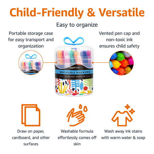 24-Pack Amazon Basics Washable Markers for Kids, Assorted Colors, Round Tip, Non-Toxic, Includes Storage Case