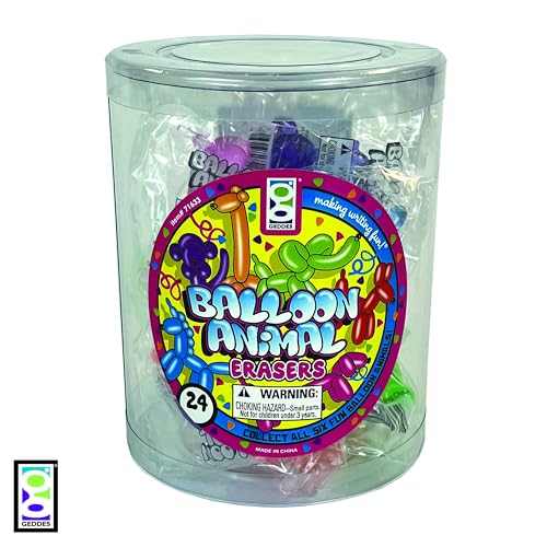 24-Pack Balloon Animal Erasers by Raymond Geddes – Cute Rubber Erasers in 6 Colors