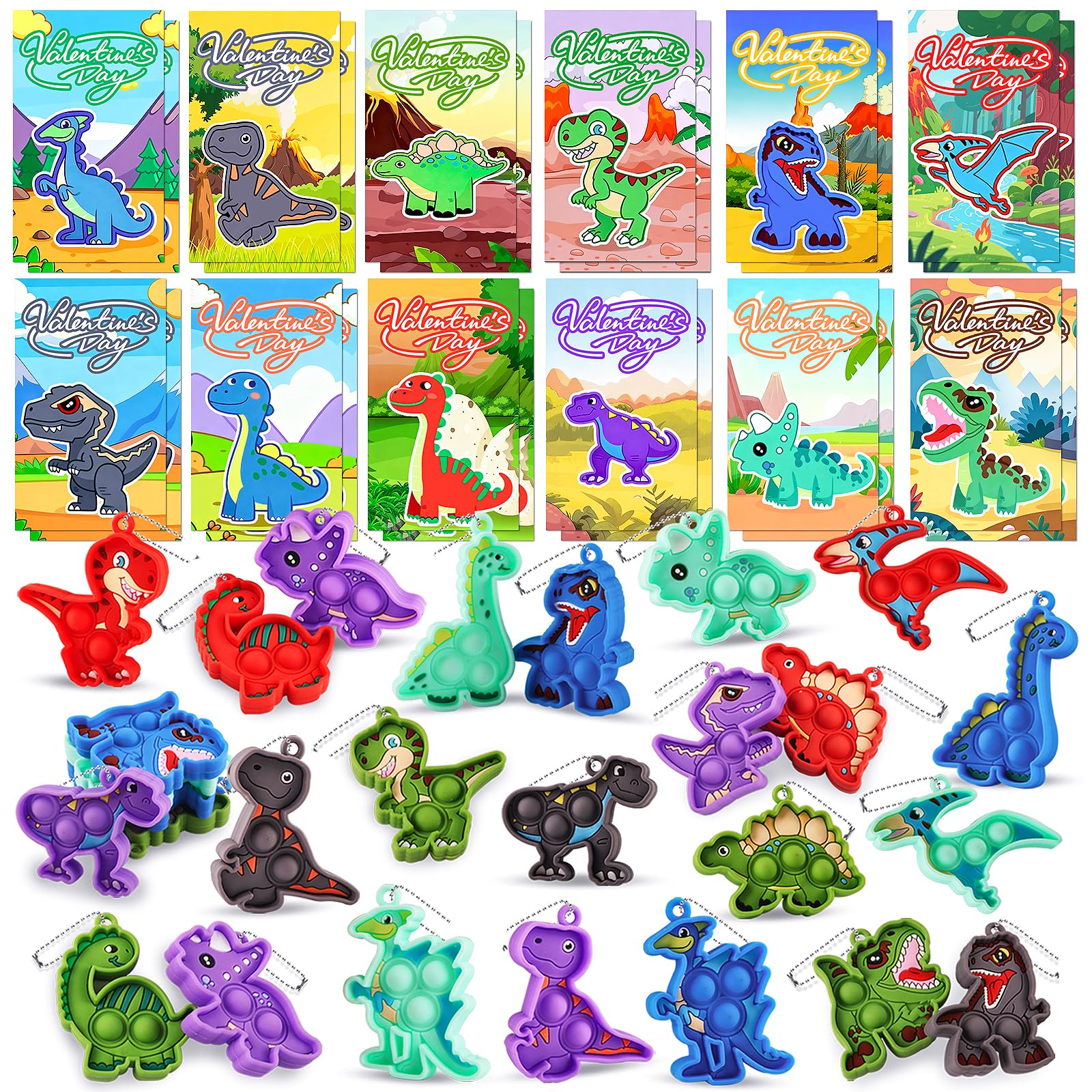 24 Pack Dinosaur Pop Fidget Valentines Cards and Keychains for Kids Classroom Exchange