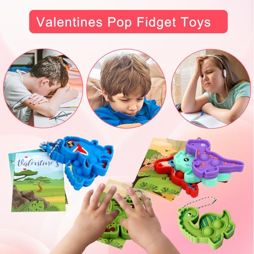24 Pack Dinosaur Pop Fidget Valentines Cards and Keychains for Kids Classroom Exchange