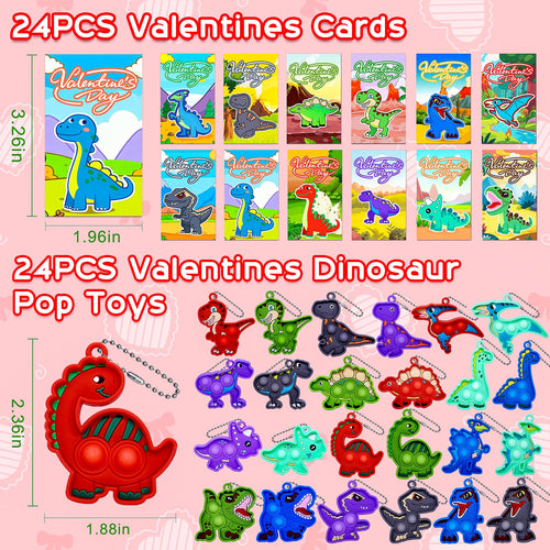 24 Pack Dinosaur Pop Fidget Valentines Cards and Keychains for Kids Classroom Exchange