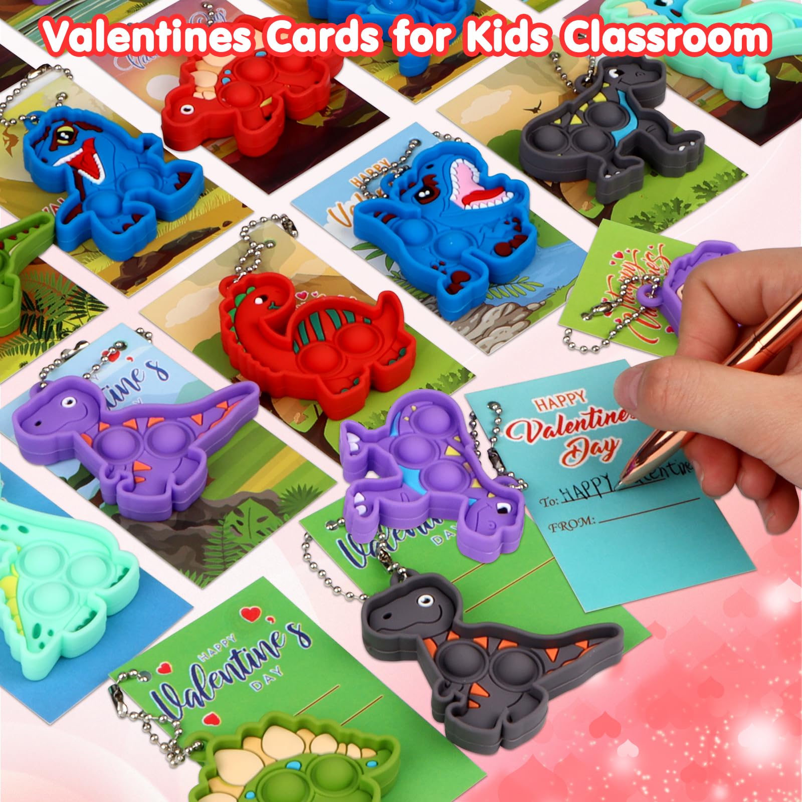 24 Pack Dinosaur Pop Fidget Valentines Cards and Keychains for Kids Classroom Exchange