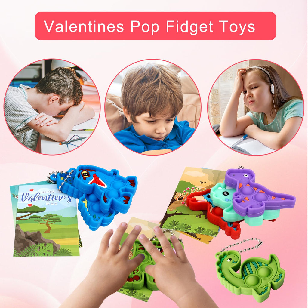 24 Pack Dinosaur Pop Fidget Valentines Cards and Keychains for Kids Classroom Exchange
