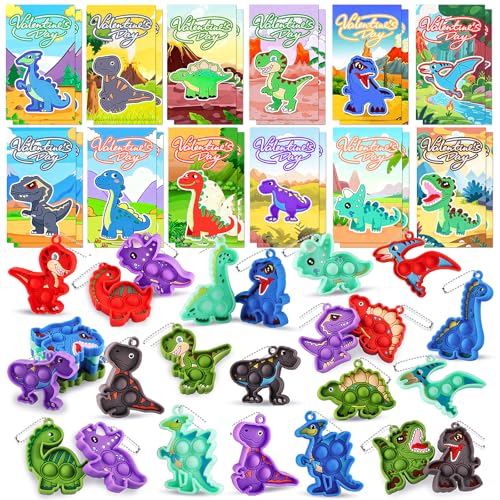 24 Pack Dinosaur Pop Fidget Valentines Cards and Keychains for Kids Classroom Exchange