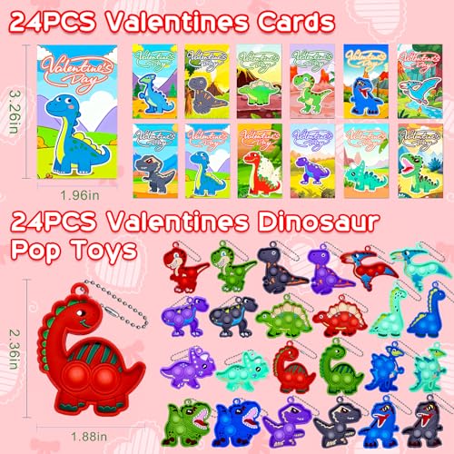 24 Pack Dinosaur Pop Fidget Valentines Cards and Keychains for Kids Classroom Exchange