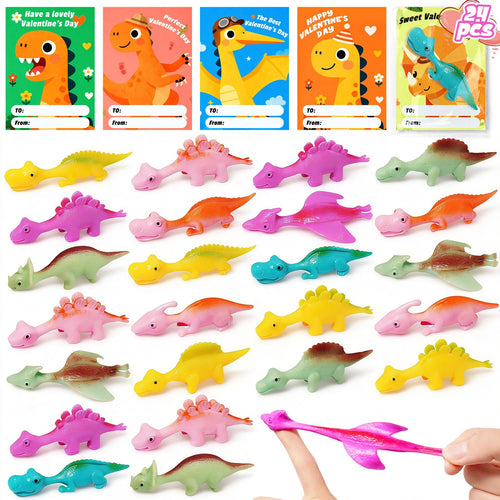 24-Pack Dinosaur Slingshot Valentine's Day Cards and Toys for Kids Classroom Favors