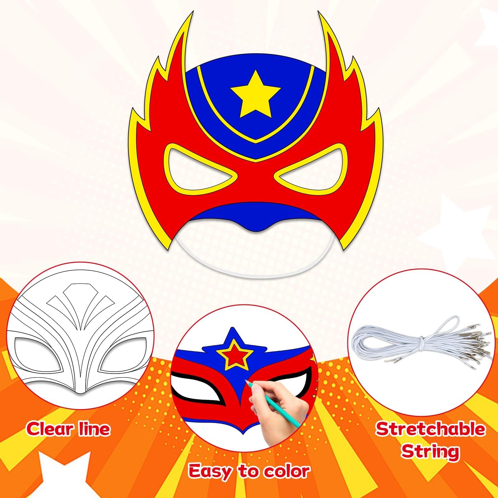 24-Pack DIY Hero Mask Craft Kit for Kids – Color Your Own Superhero Masks with 6 Designs