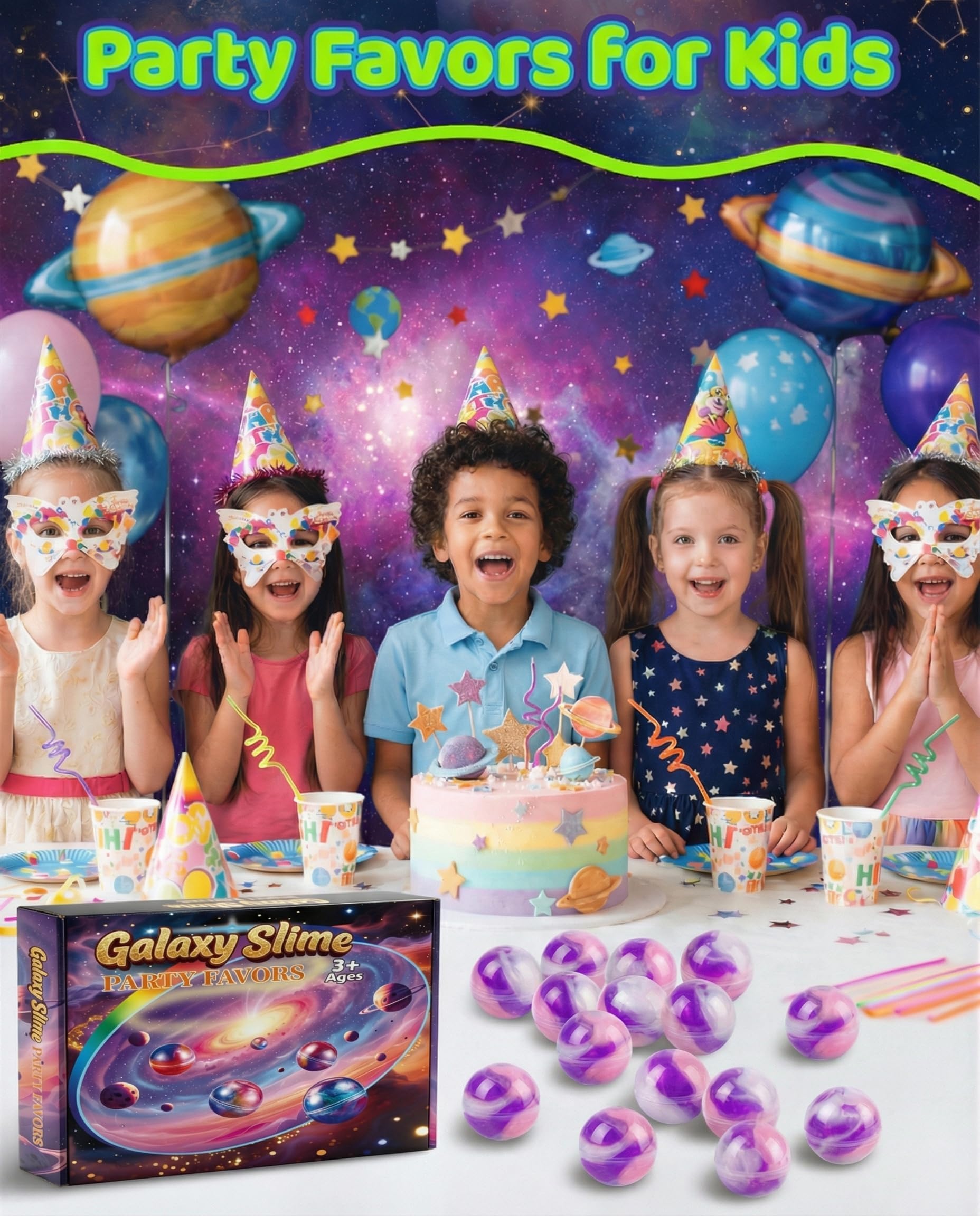 24 Pack Galaxy Slime Balls - Non-Sticky Fidget Toy, Stress Relief, Party Favors - Purple Pink Blue Marble Swirls