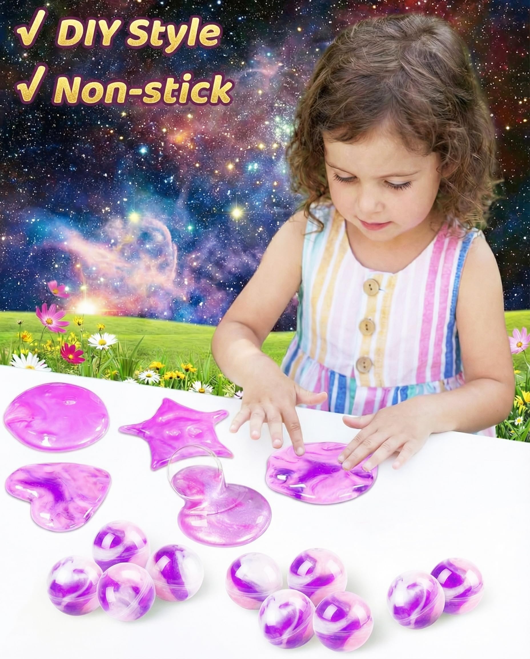 24 Pack Galaxy Slime Balls - Non-Sticky Fidget Toy, Stress Relief, Party Favors - Purple Pink Blue Marble Swirls