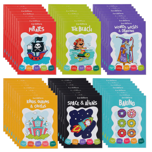24-Pack Mini Coloring Books for Kids Ages 3+ - 6 Themes: Castles, Dragons, Space, Pirates, Baking, Beach - Party Favors & Classroom Activities by THE TWIDDLERS