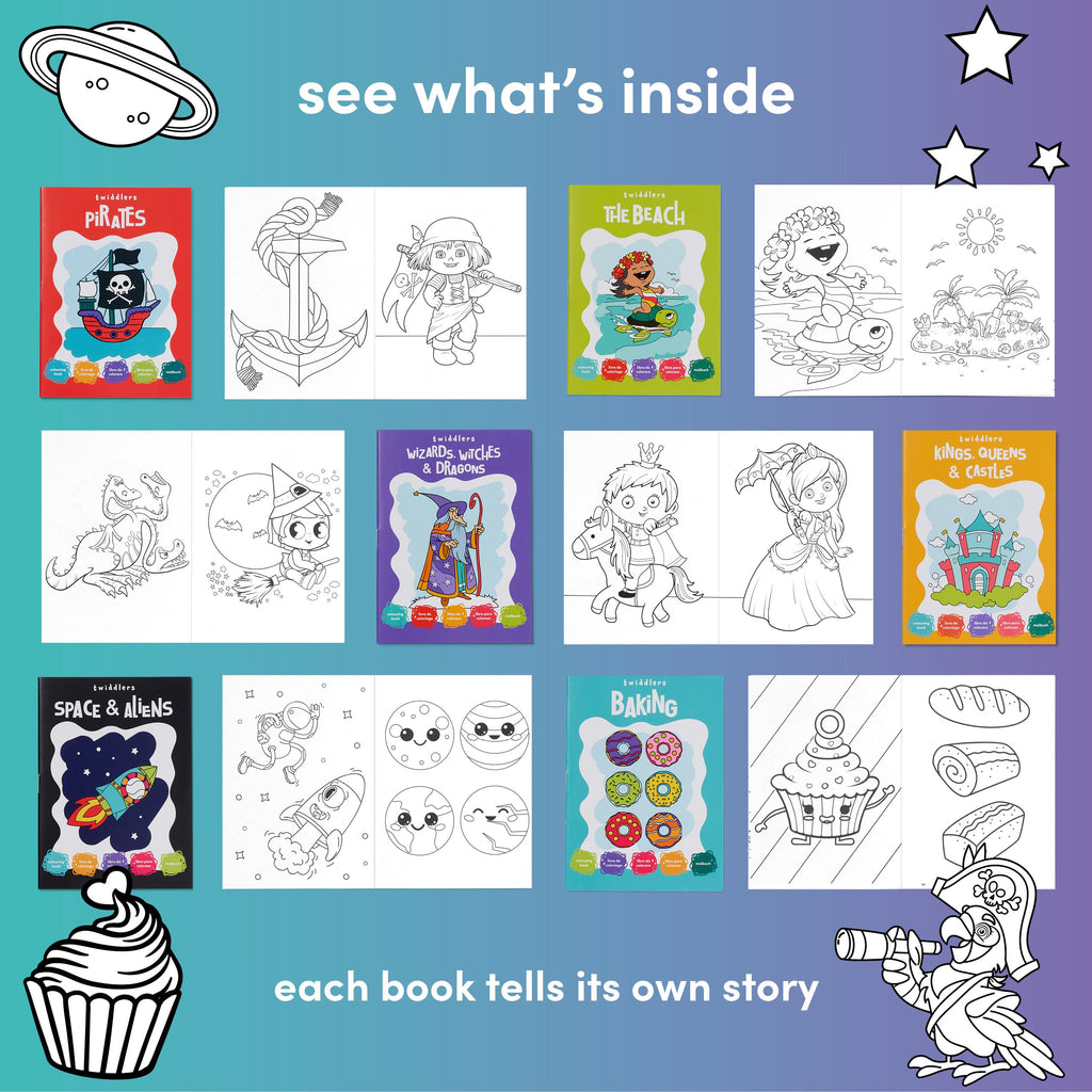 24-Pack Mini Coloring Books for Kids Ages 3+ - 6 Themes: Castles, Dragons, Space, Pirates, Baking, Beach - Party Favors & Classroom Activities by THE TWIDDLERS