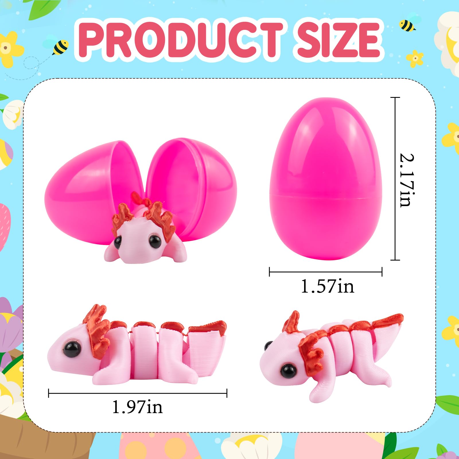 24 Pack Prefilled Easter Eggs with 3D Printed Axolotl Toys - Non-Candy Easter Basket Fillers