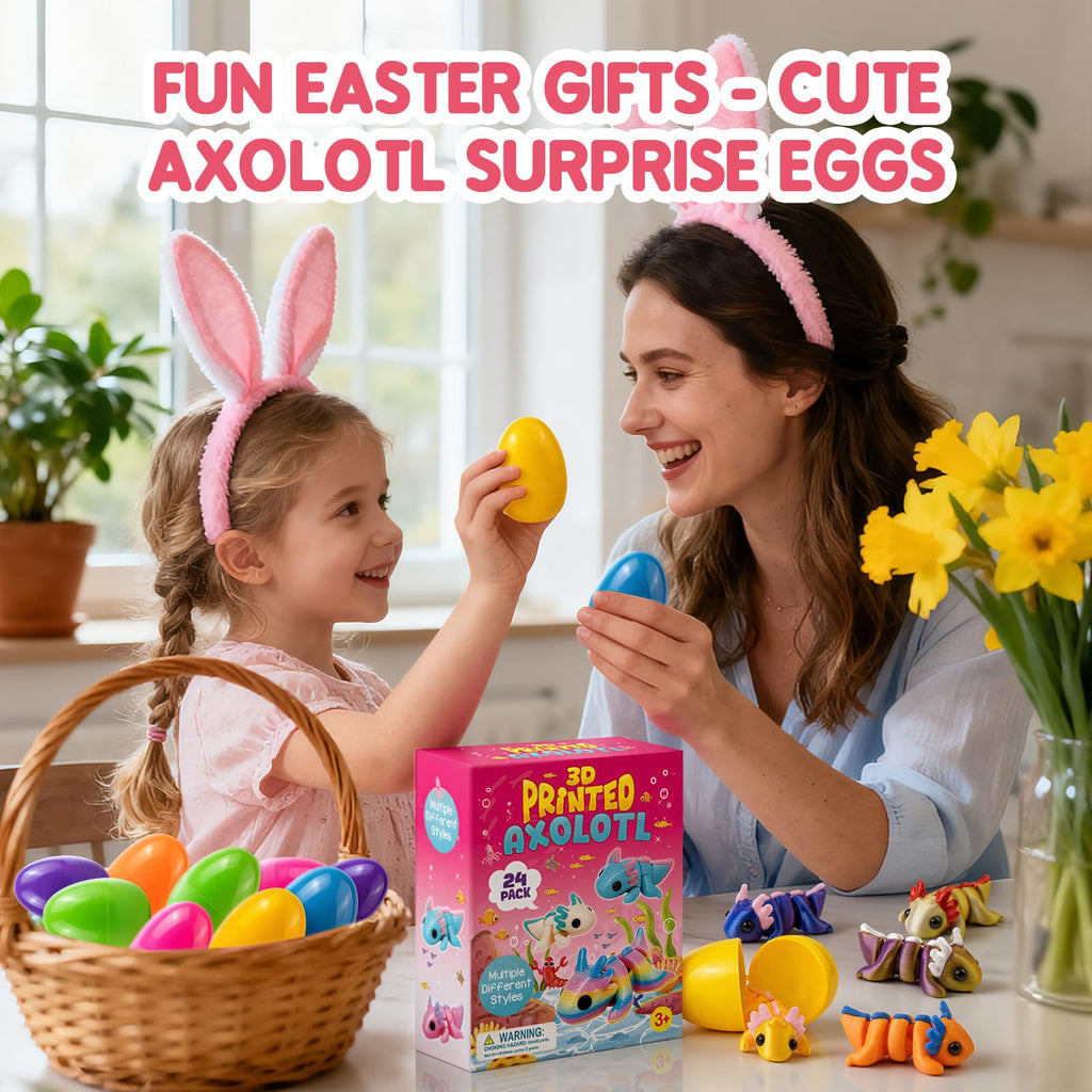 24 Pack Prefilled Easter Eggs with 3D Printed Axolotl Toys - Non-Candy Easter Basket Fillers