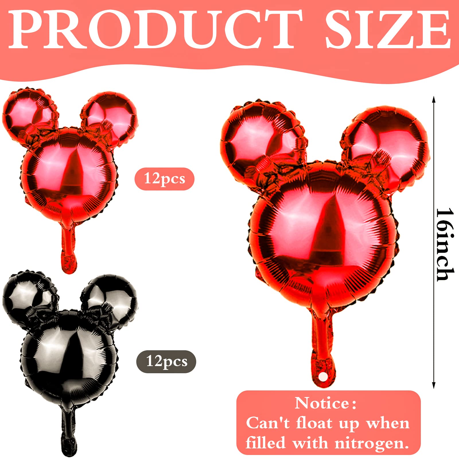 24-Pack Red & Black Mouse Head Foil Balloons – 18-Inch Mylar Party Decor for Birthday, Baby Shower, Gender Reveal
