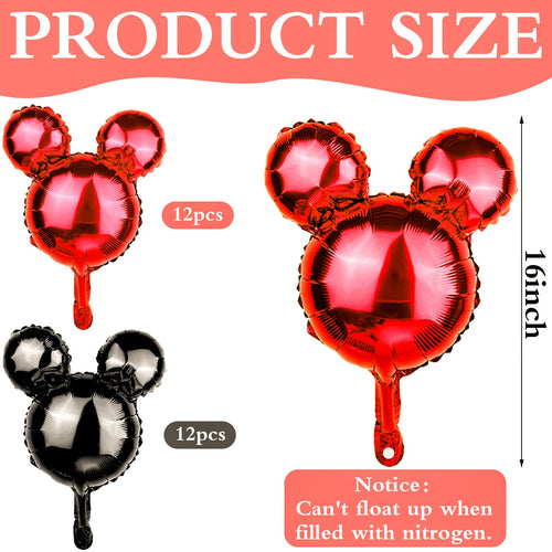 24-Pack Red & Black Mouse Head Foil Balloons – 18-Inch Mylar Party Decor for Birthday, Baby Shower, Gender Reveal
