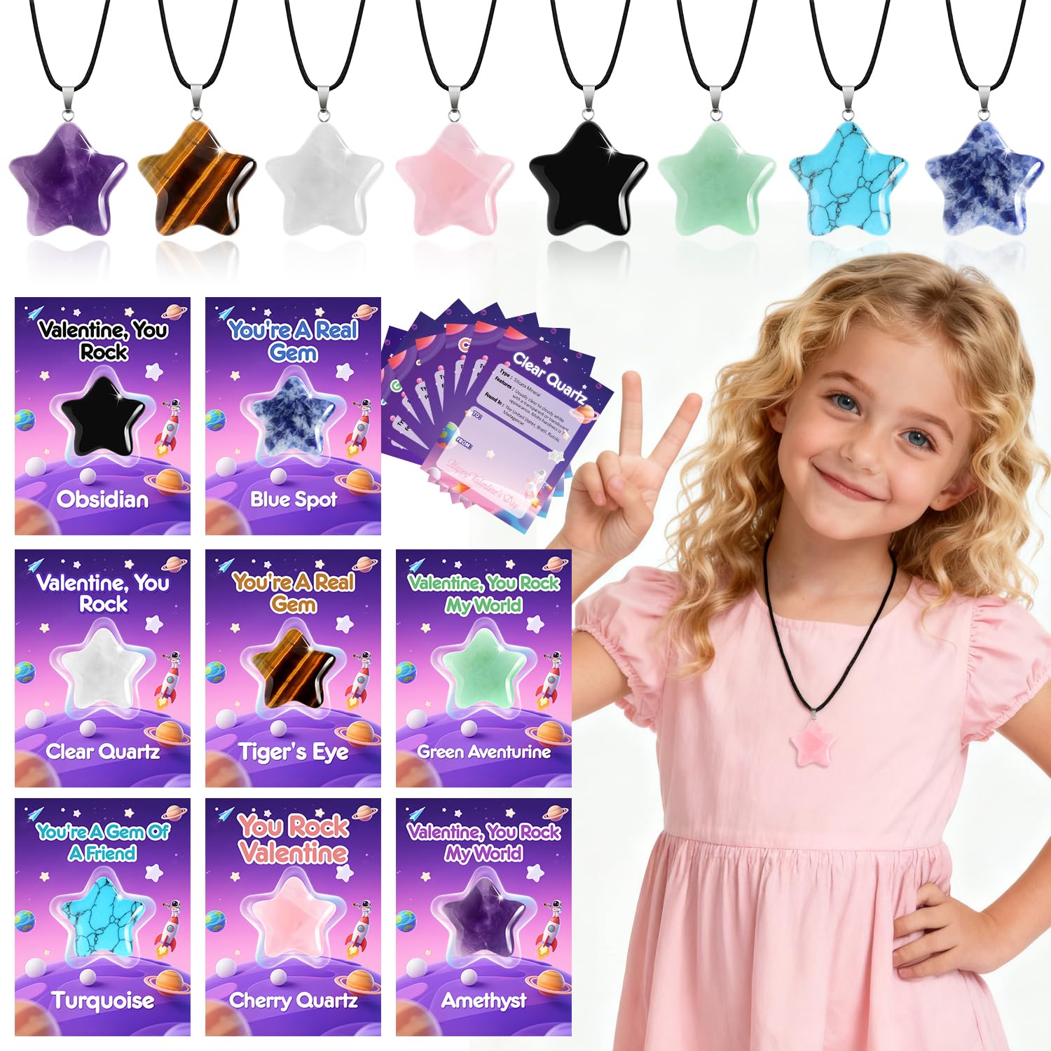 24-Pack Star Gem Necklaces & Cards for Classroom Valentine Exchange