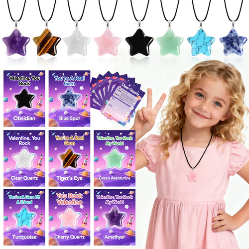 24-Pack Star Gem Necklaces & Cards for Classroom Valentine Exchange
