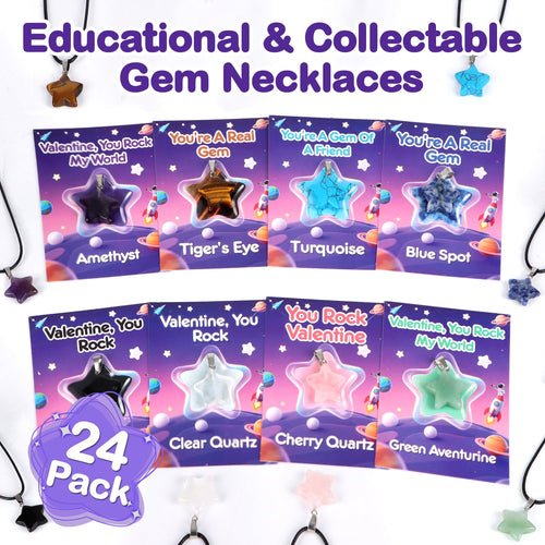 24-Pack Star Gem Necklaces & Cards for Classroom Valentine Exchange