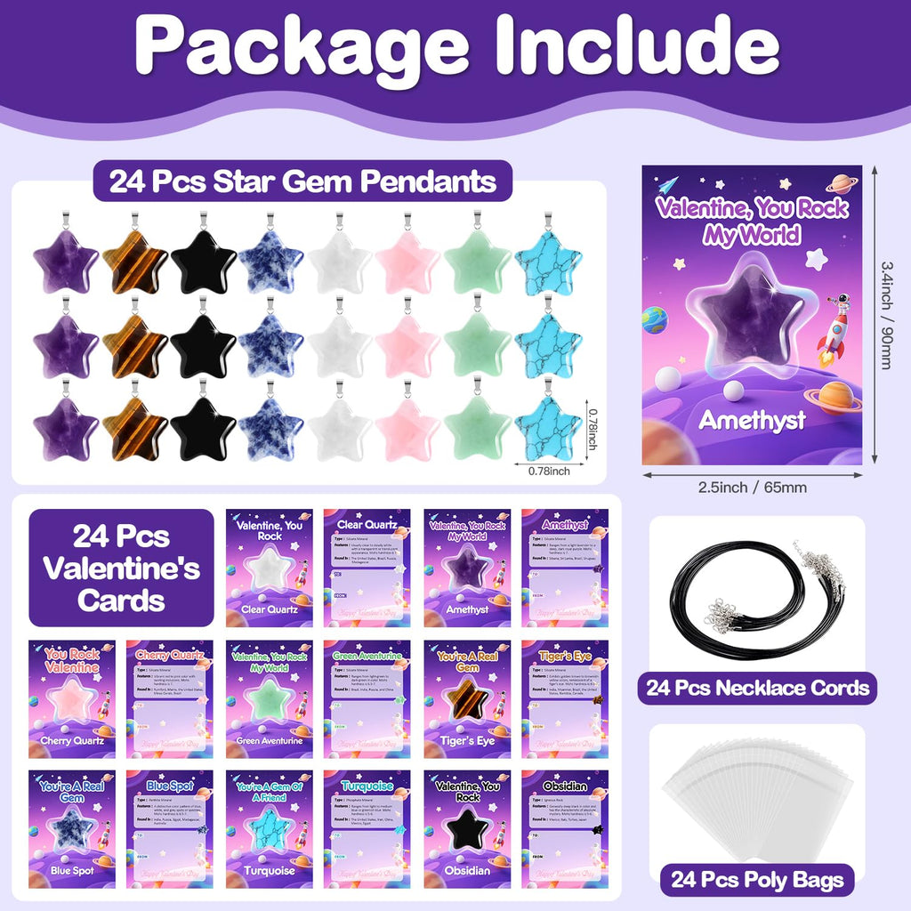 24-Pack Star Gem Necklaces & Cards for Classroom Valentine Exchange