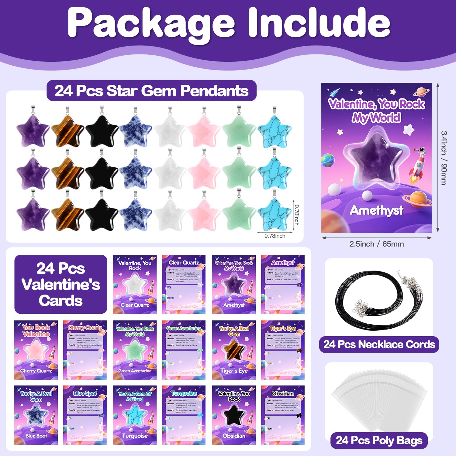 24-Pack Star Gem Necklaces & Cards for Classroom Valentine Exchange