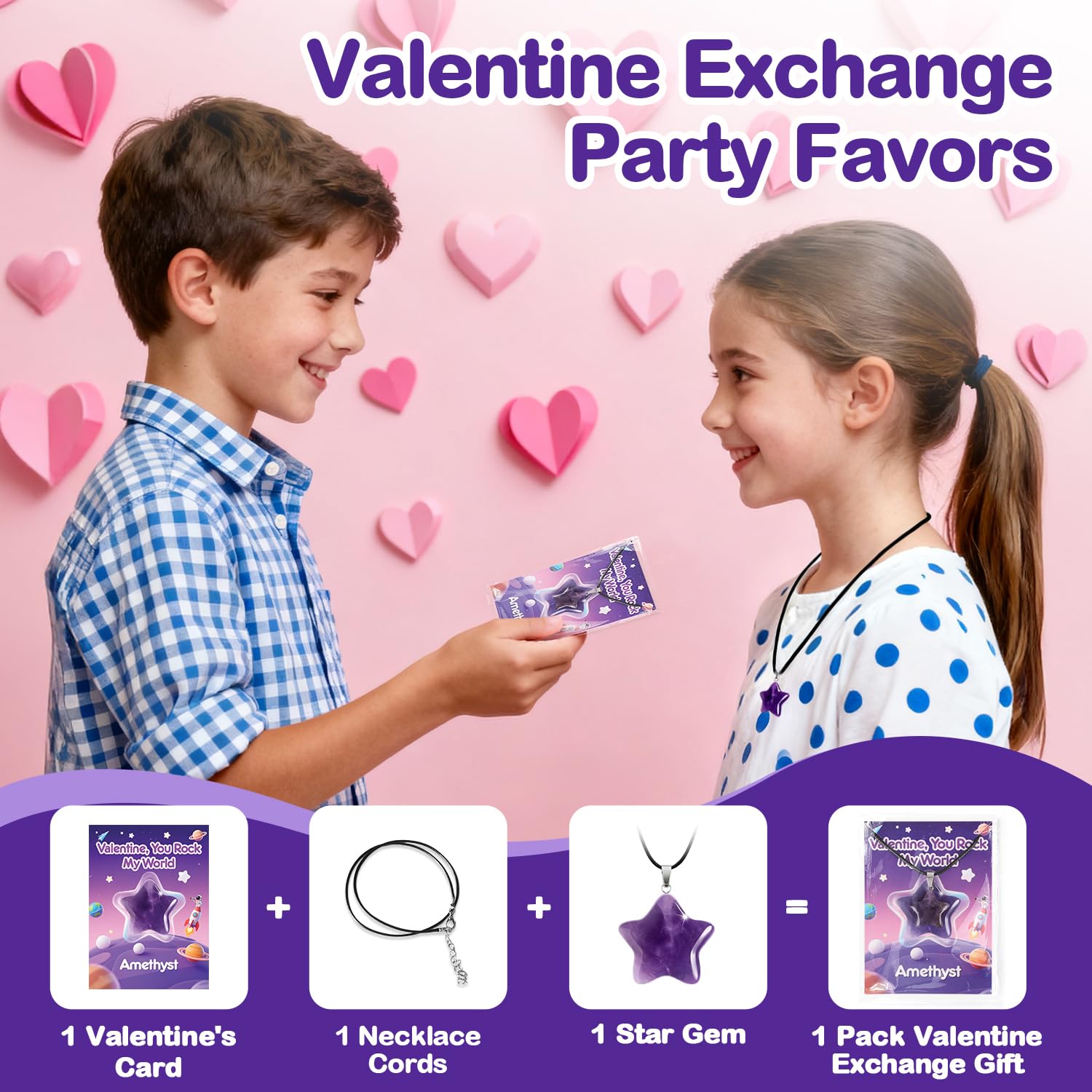 24-Pack Star Gem Necklaces & Cards for Classroom Valentine Exchange