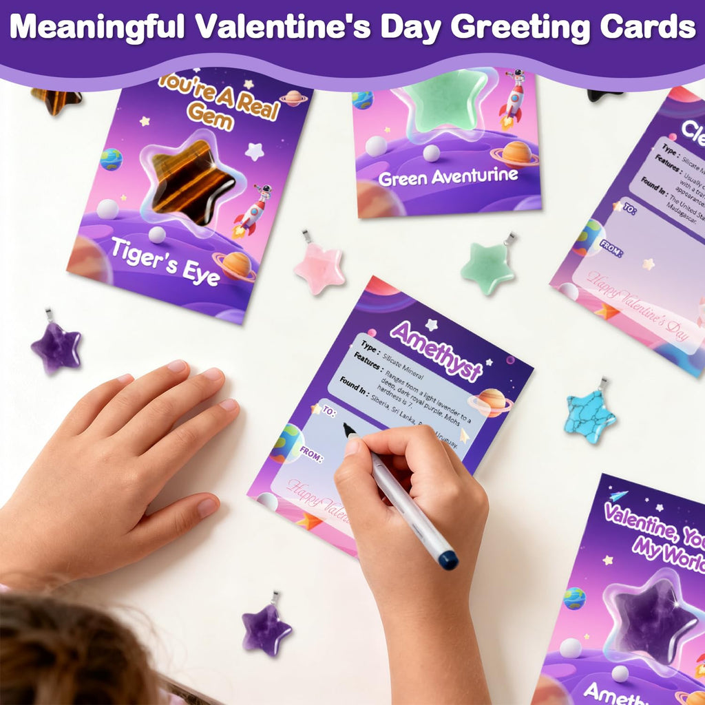 24-Pack Star Gem Necklaces & Cards for Classroom Valentine Exchange