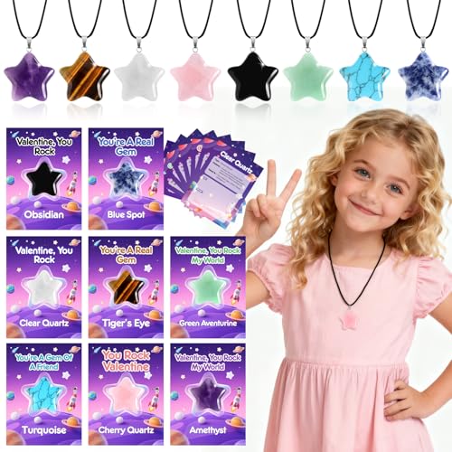 24-Pack Star Gem Necklaces & Cards for Classroom Valentine Exchange