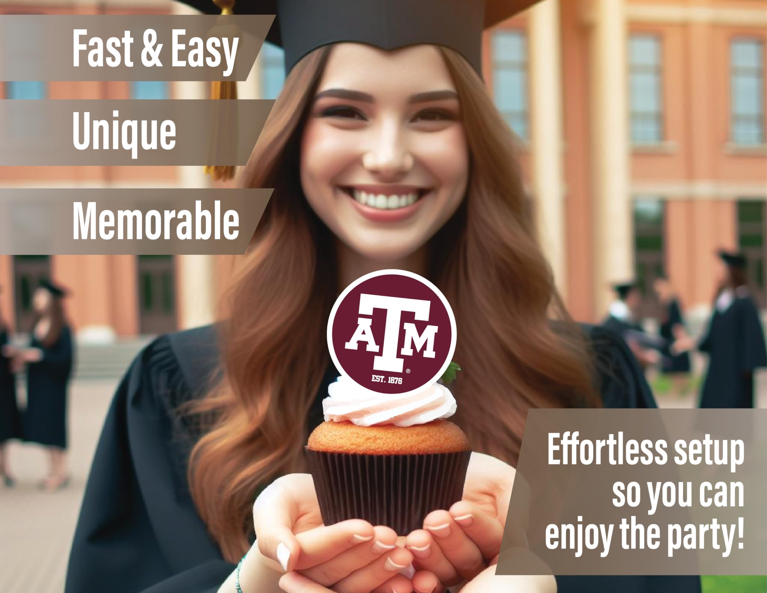 24-Pack Texas A&M Cupcake Toppers by PartyKandy – Preassembled Recyclable Decor for Birthdays, Graduations & Tailgates