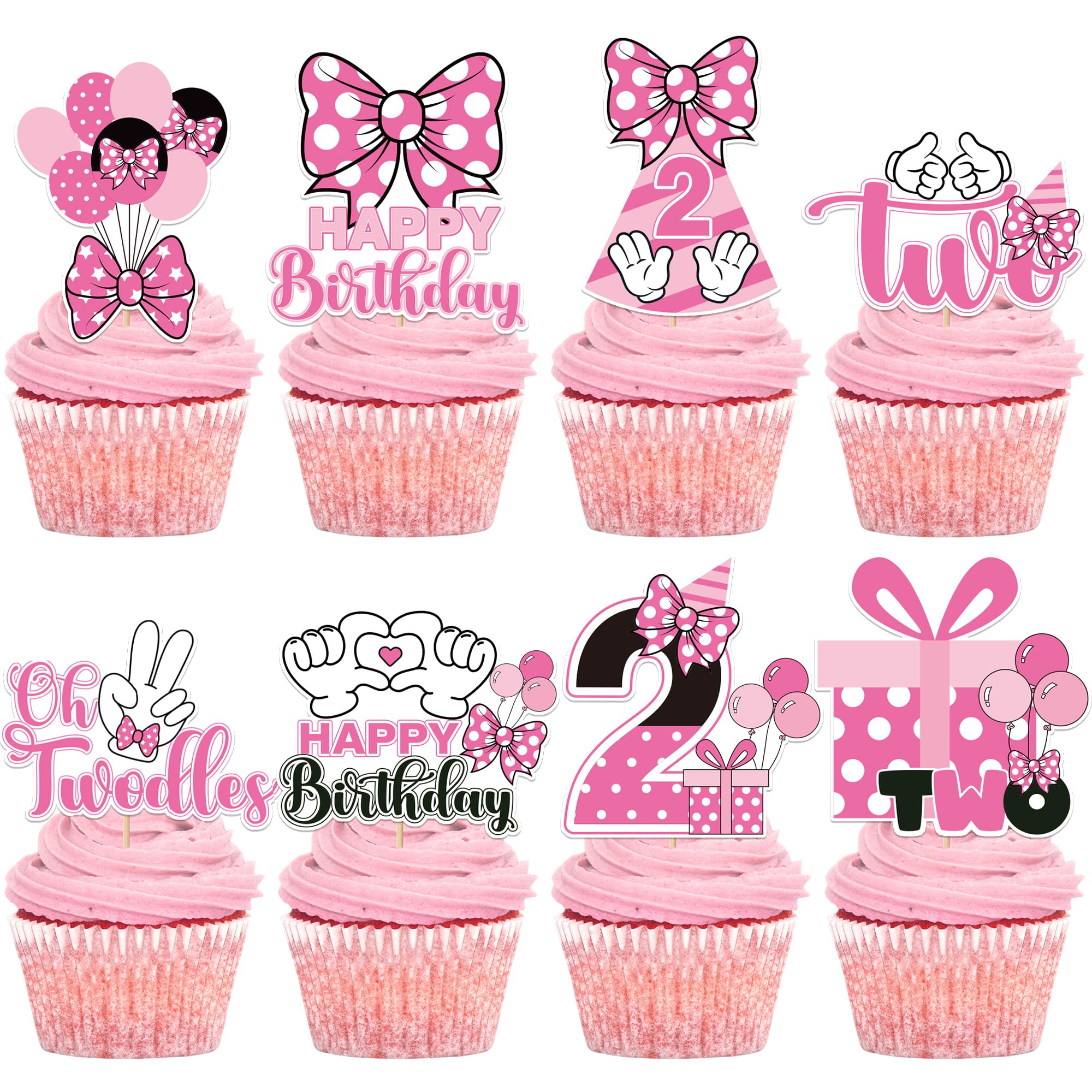 24-Piece Pink & White Mouse Cupcake Toppers for 2nd Birthday Party - iPartyGo