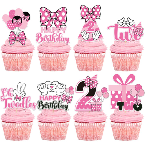24-Piece Pink & White Mouse Cupcake Toppers for 2nd Birthday Party - iPartyGo