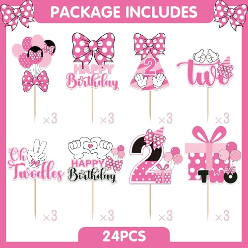 24-Piece Pink & White Mouse Cupcake Toppers for 2nd Birthday Party - iPartyGo
