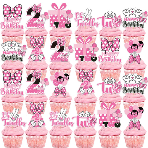 24-Piece Pink & White Mouse Cupcake Toppers for 2nd Birthday Party - iPartyGo