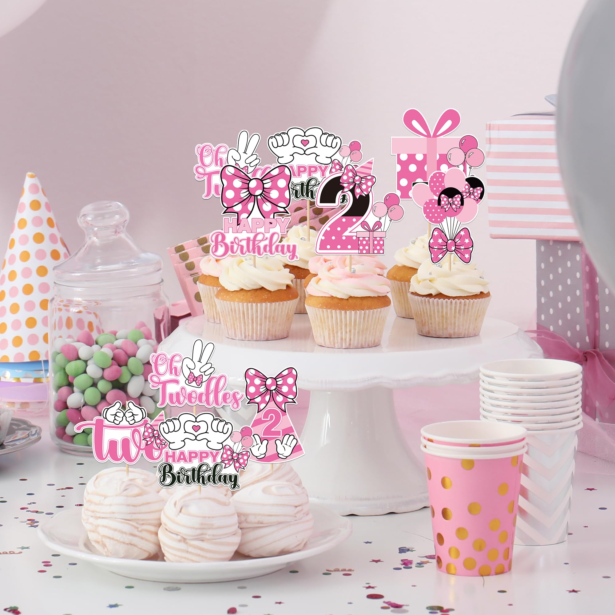 24-Piece Pink & White Mouse Cupcake Toppers for 2nd Birthday Party - iPartyGo