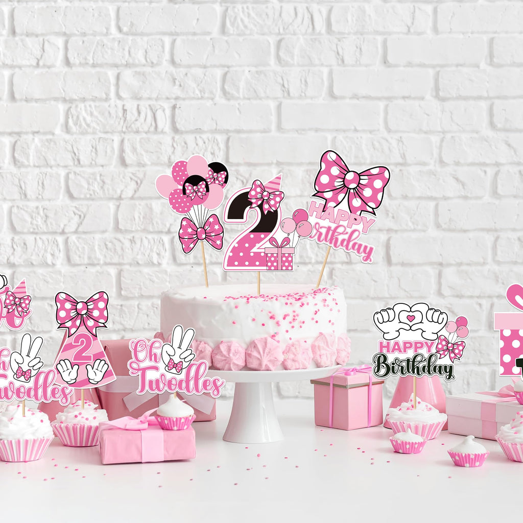 24-Piece Pink & White Mouse Cupcake Toppers for 2nd Birthday Party - iPartyGo