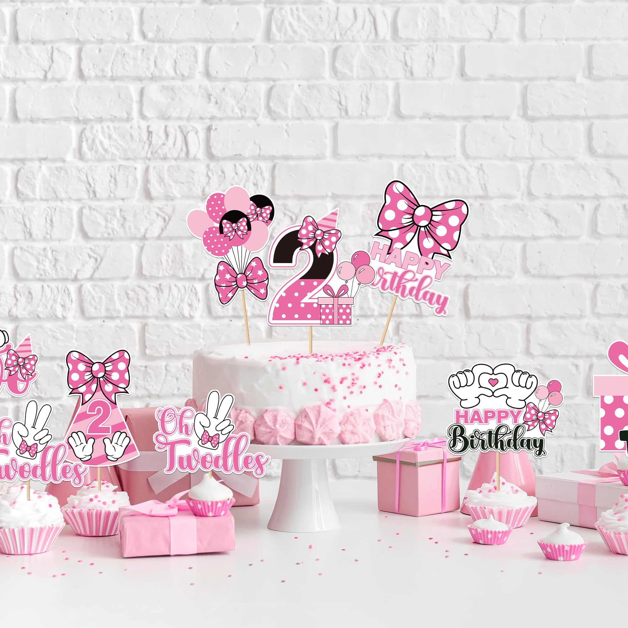 24-Piece Pink & White Mouse Cupcake Toppers for 2nd Birthday Party - iPartyGo