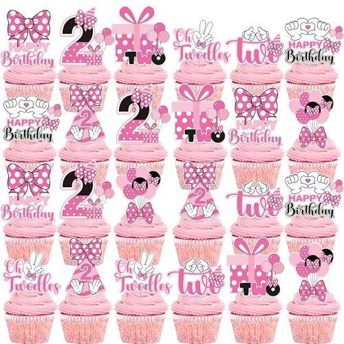 24-Piece Pink & White Mouse Cupcake Toppers for 2nd Birthday Party - iPartyGo