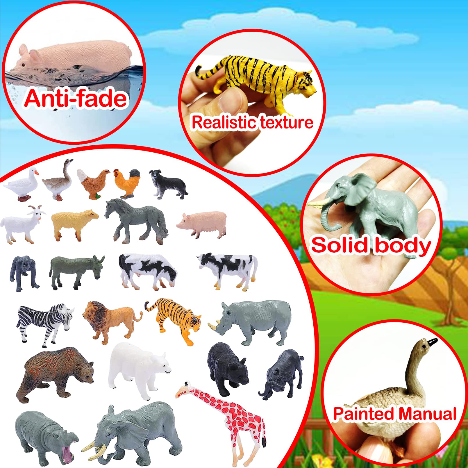 24-Piece Realistic Animal Figurines Set – Jungle & Farm Animals for Kids, Cake Toppers, Educational Toys