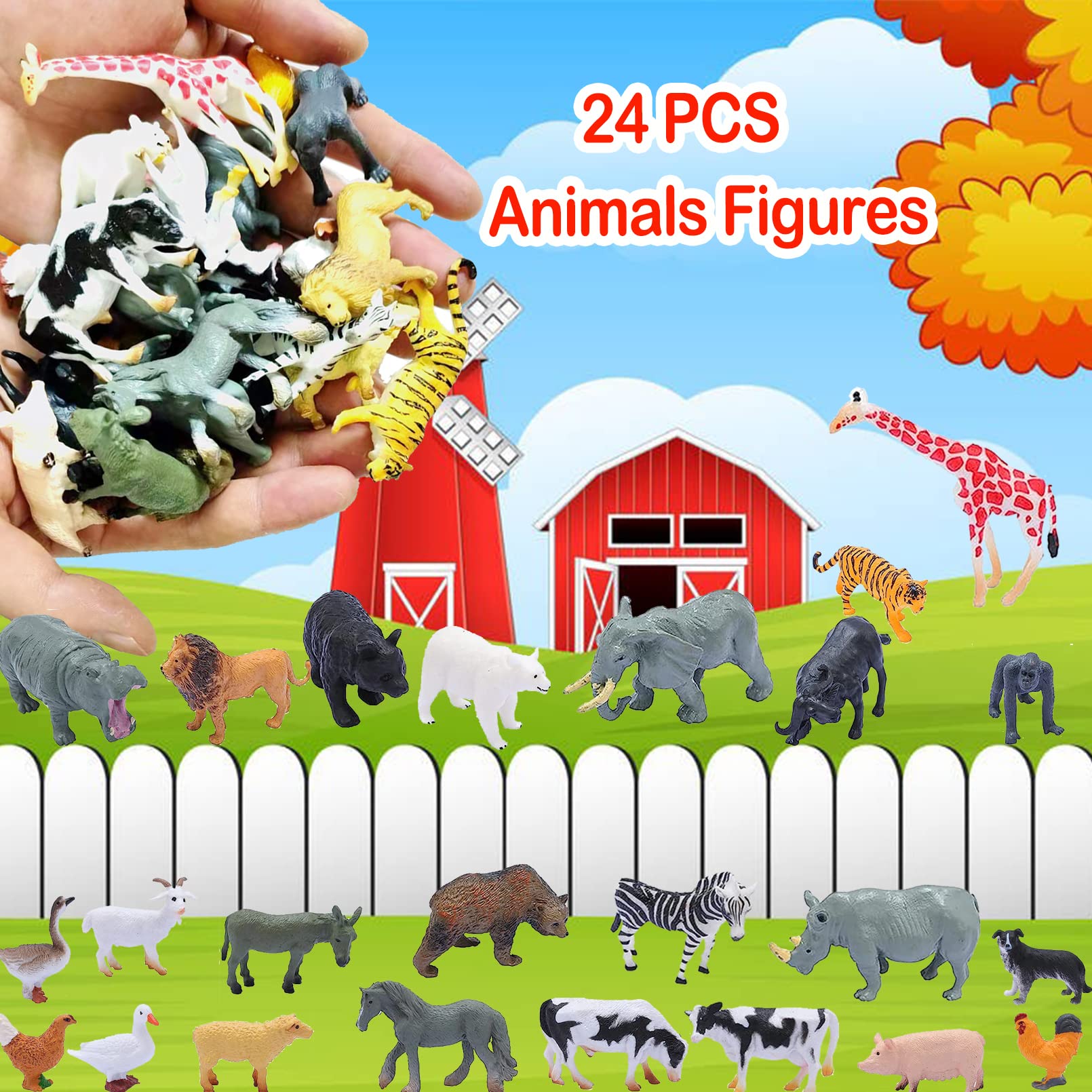 24-Piece Realistic Animal Figurines Set – Jungle & Farm Animals for Kids, Cake Toppers, Educational Toys