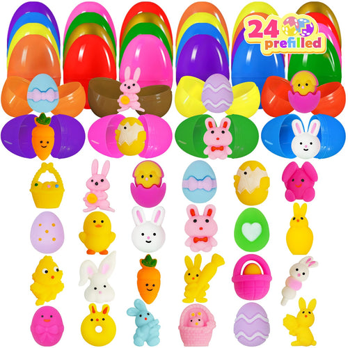 24 Prefilled Easter Eggs with Mochi Squishy Toys – EUOCENK Easter Basket Stuffers for Kids, Classroom Prizes, Egg Hunts