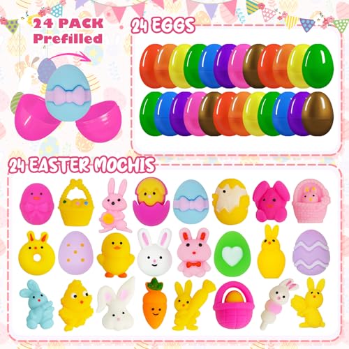 24 Prefilled Easter Eggs with Mochi Squishy Toys – EUOCENK Easter Basket Stuffers for Kids, Classroom Prizes, Egg Hunts