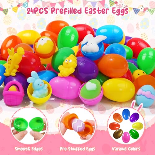 24 Prefilled Easter Eggs with Mochi Squishy Toys – EUOCENK Easter Basket Stuffers for Kids, Classroom Prizes, Egg Hunts